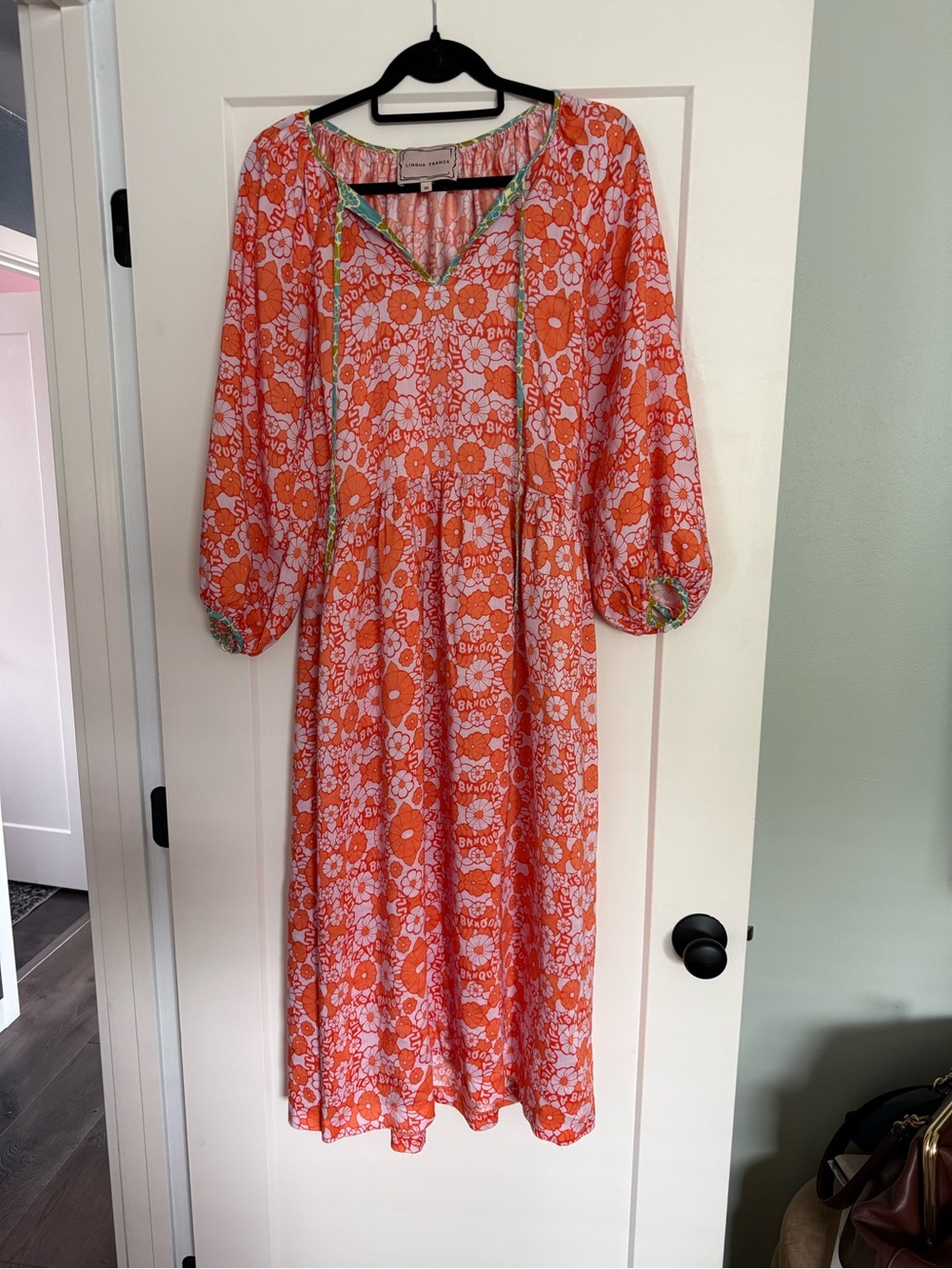 Lingua France Bright Orange and Pink Floral Maxi Dress with Green Trim